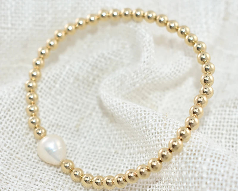 14K Gold Beaded Bracelet with Freshwater Pearl | Tarnish Resistant Boho Bridesmaid Gift
