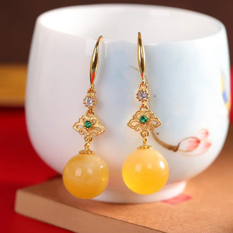 Gold 925 Silver Amber Round Bead Dangle Earrings for Women
