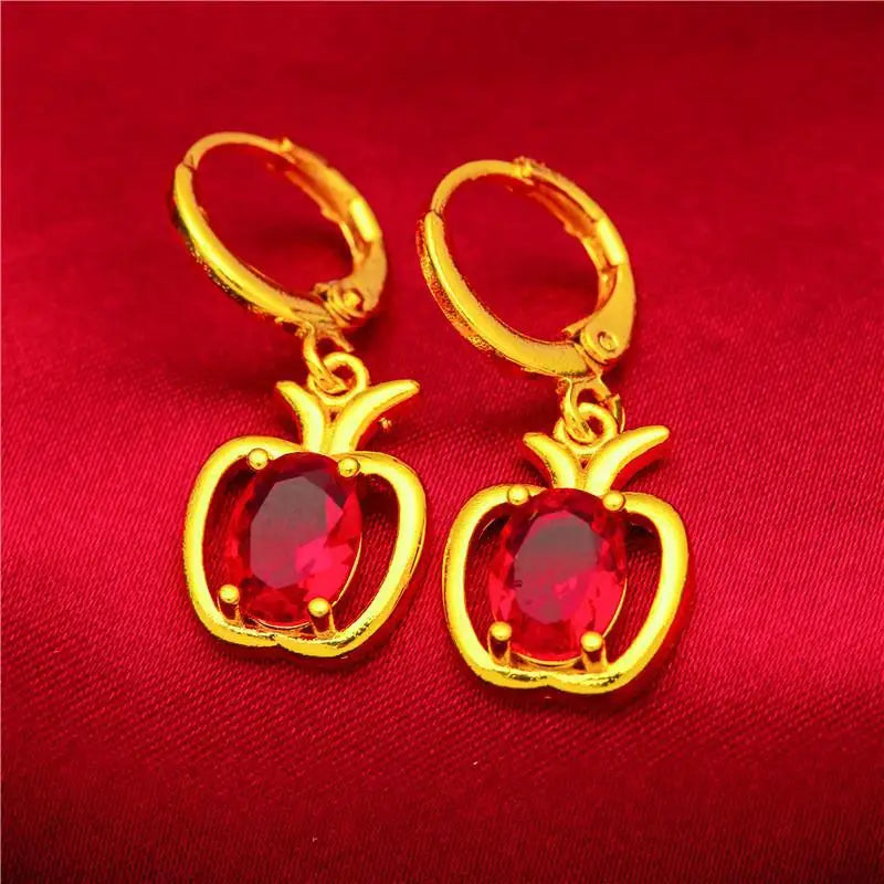Luxury 9999 Pure 24K Gold Apple Stud Earrings | Blue-Green Hollow Design for Women